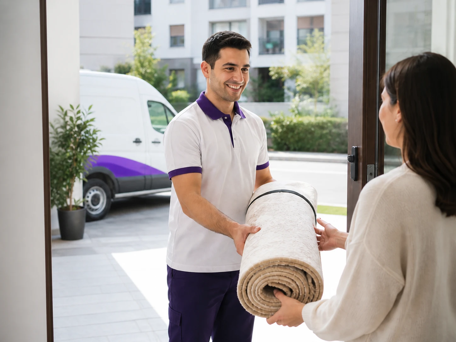 Halıyı müşteriye teslim eden servis görevlisi