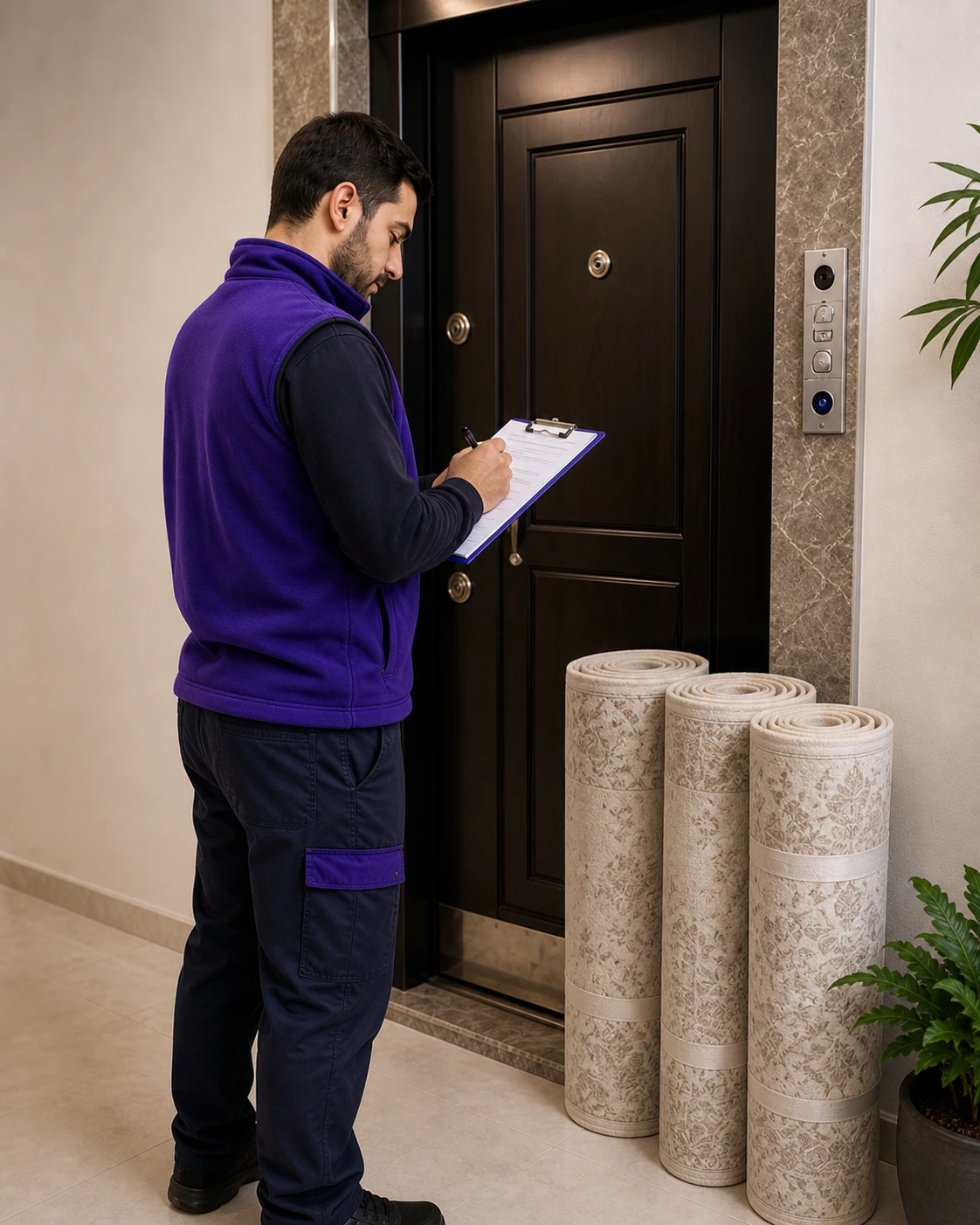 Apartman girişinde teslim alma ayrıntılarını kaydeden servis görevlisi