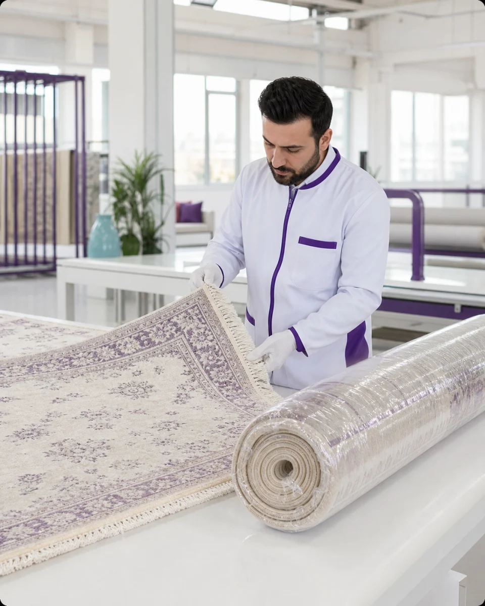 Temiz bir halının kenarını kontrol eden ve paketlenmiş halıyı teslimata hazırlayan ekip üyesi